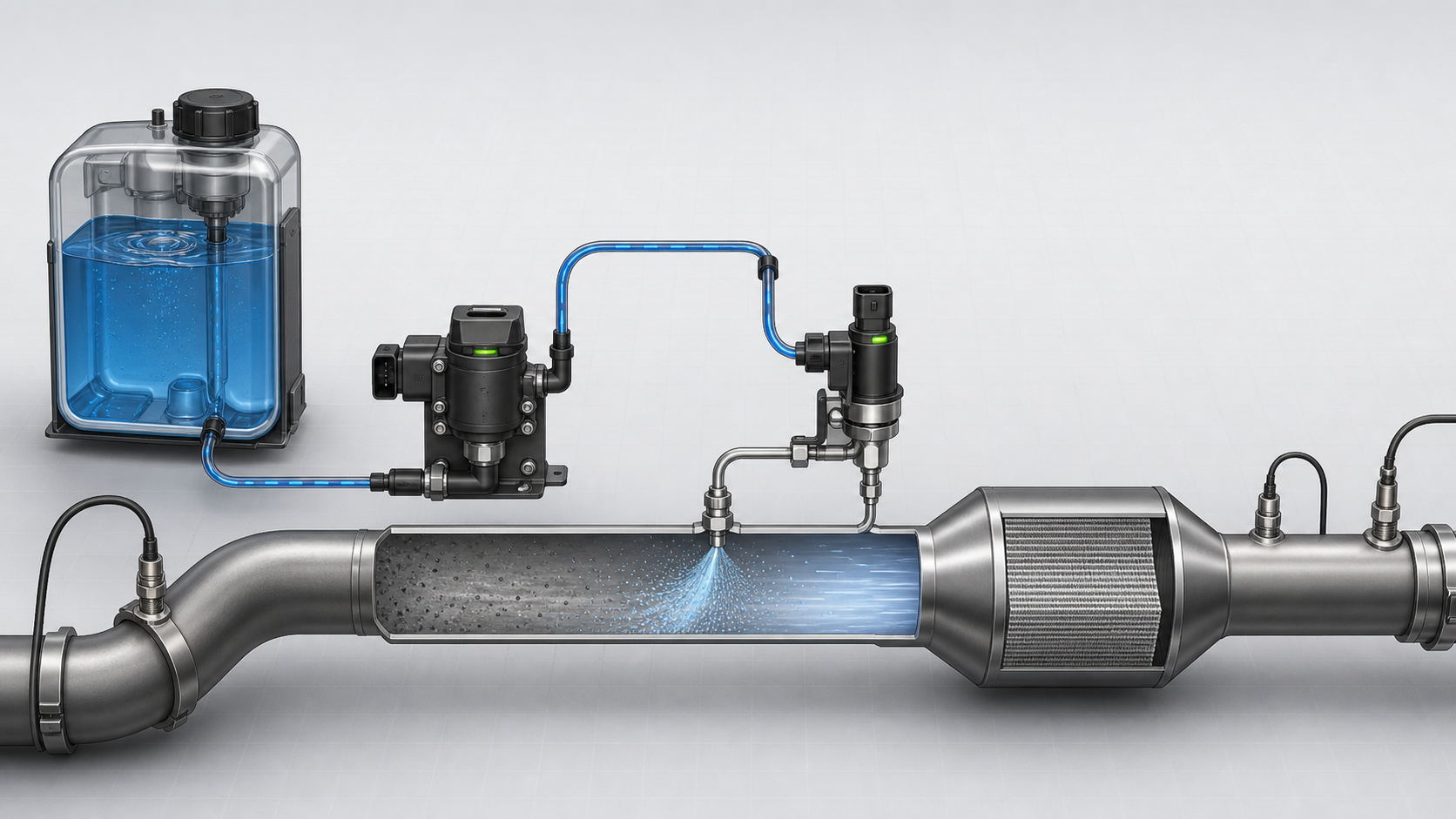 SCR dosing system path with DEF tank, pump, injector, catalyst, and sensors